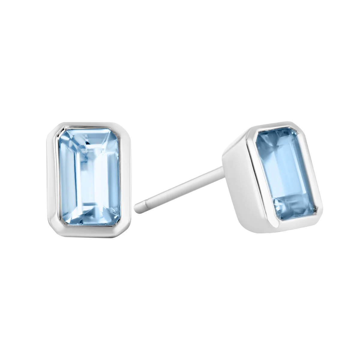 Rose Mer Collection 0.84ct Emerald Cut Aquamarine Rubover Stud Earrings | 9K White Gold