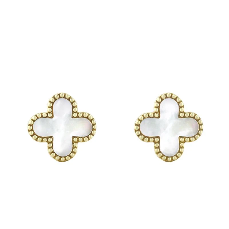 Soleil Collection 11.4mm x 11.4mm Mother of Pearl Petal Earrings | 9K Solid Yellow Gold - Image 2