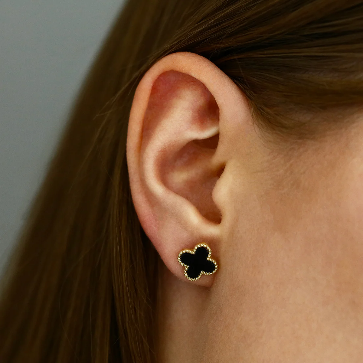 Soleil Collection 11.4mm x 11.4mm Petal Onyx Stud Earrings | 9K Solid Yellow Gold - Image 6