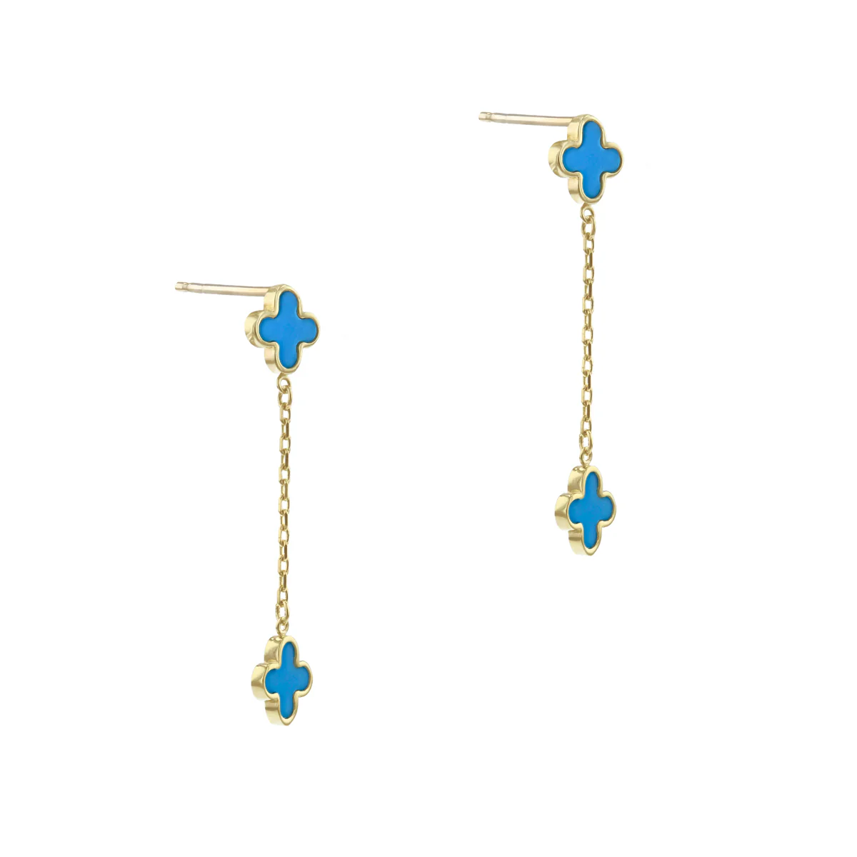 Soleil Collection Synthetic Turquoise Quatrefoil Petal Drop Earrings | 9K Solid Yellow Gold - Image 3