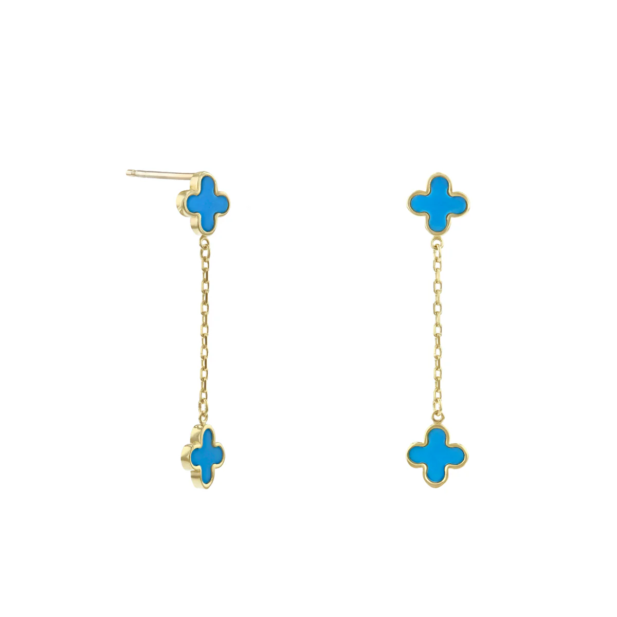 Soleil Collection Synthetic Turquoise Quatrefoil Petal Drop Earrings | 9K Solid Yellow Gold - Image 4