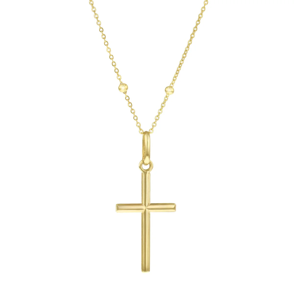 Soleil Collection 20" Petite Plain Cross and Beaded Chain Necklace | 9K Yellow Gold - Image 2