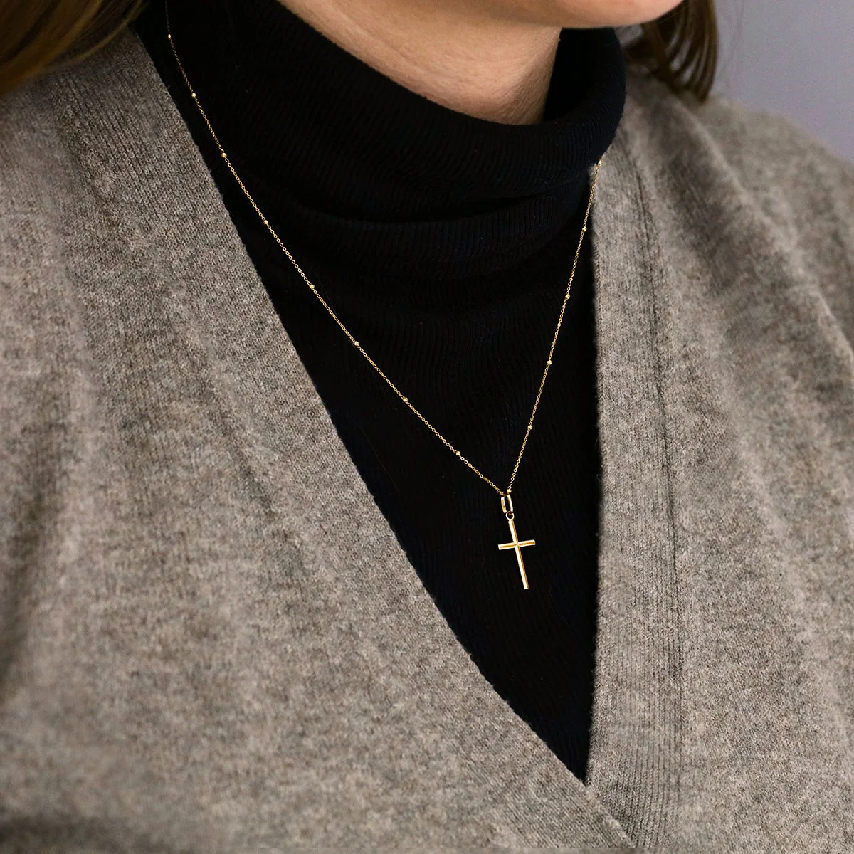 Soleil Collection 20" Petite Plain Cross and Beaded Chain Necklace | 9K Yellow Gold - Image 4