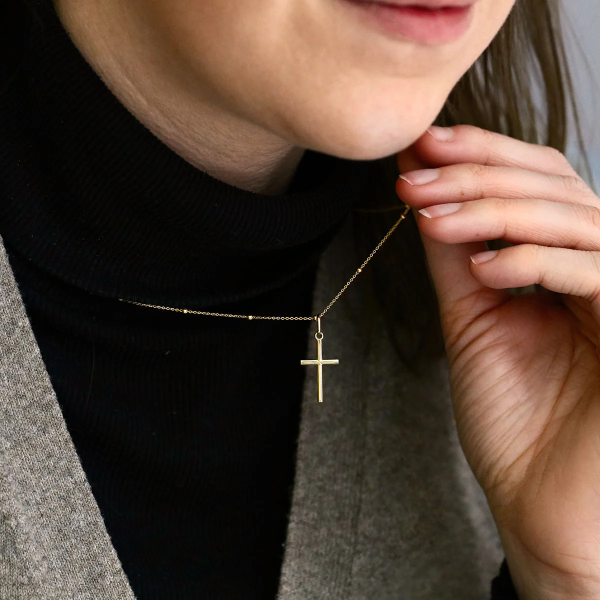 Soleil Collection 20" Petite Plain Cross and Beaded Chain Necklace | 9K Yellow Gold - Image 5