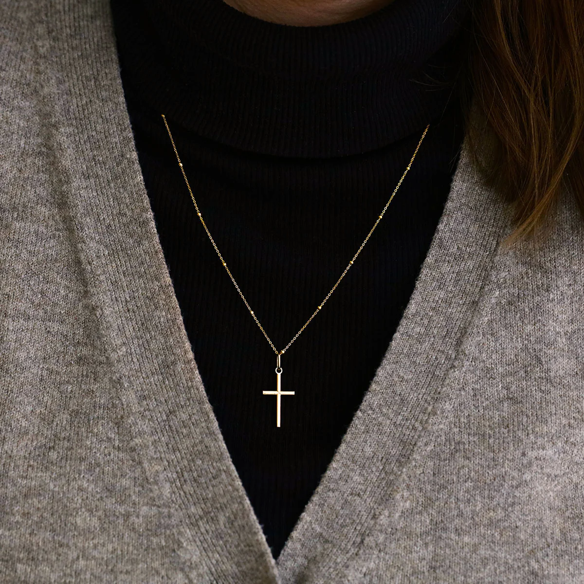 Soleil Collection 20" Petite Plain Cross and Beaded Chain Necklace | 9K Yellow Gold - Image 6