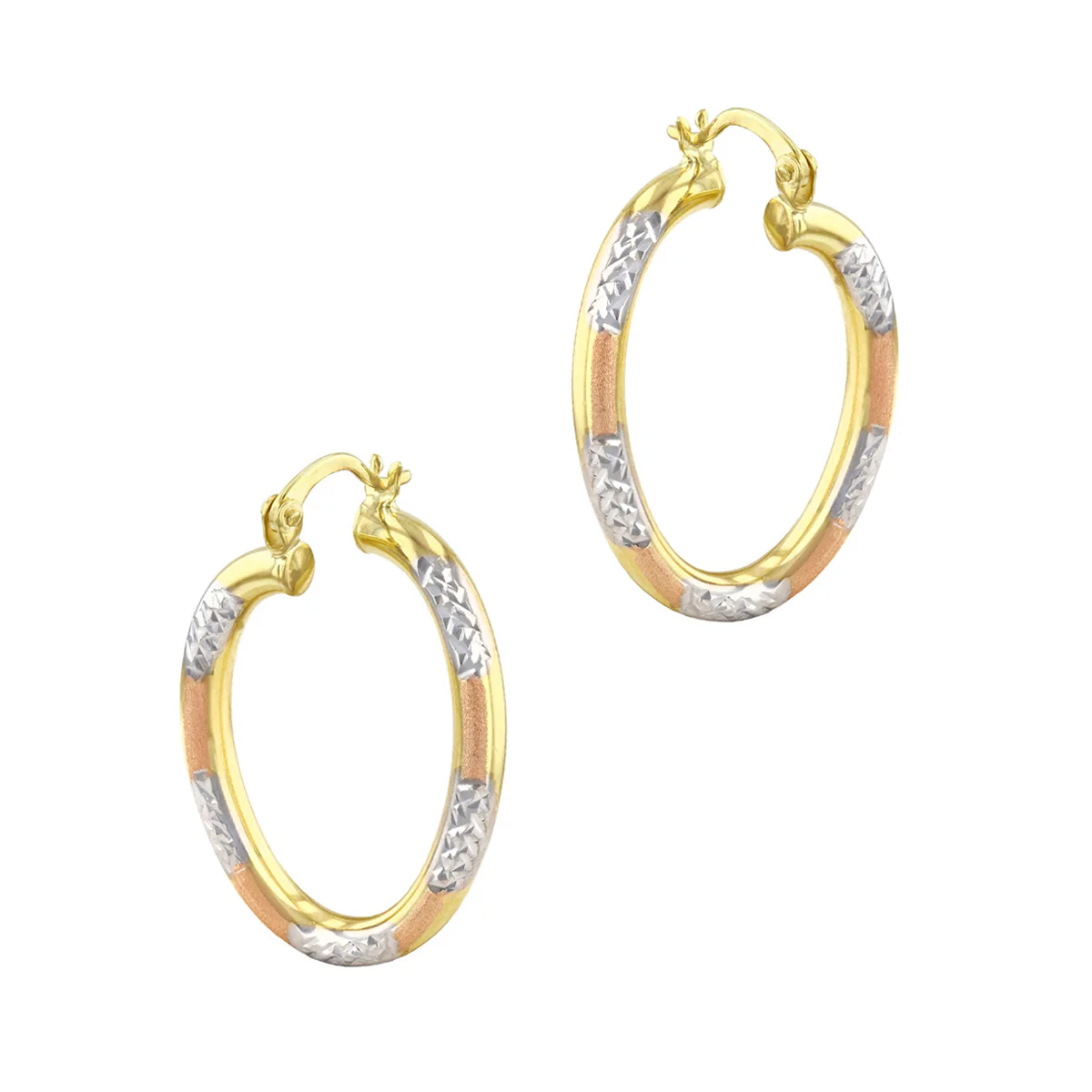 Soleil Collection 25mm Tri-Colour Hoop Earrings | 9K Gold - Image 3
