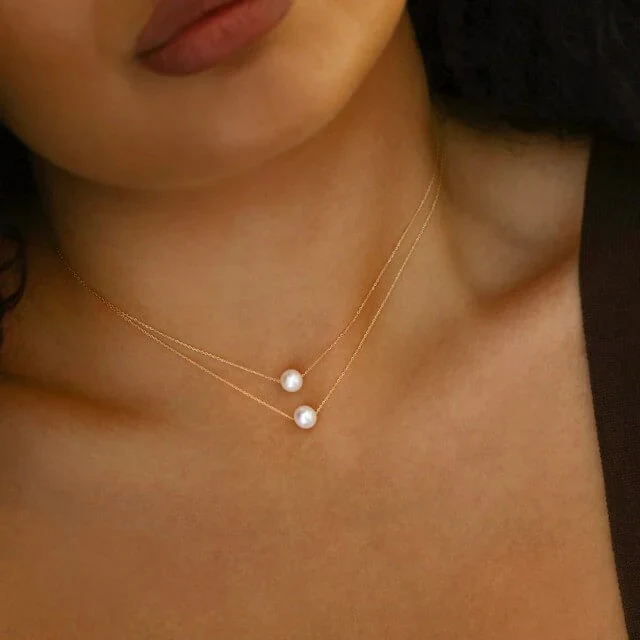 Soleil Collection 6mm Freshwater Pearl Earring and Threaded Necklace Set | 9K Solid Yellow Gold - Image 6