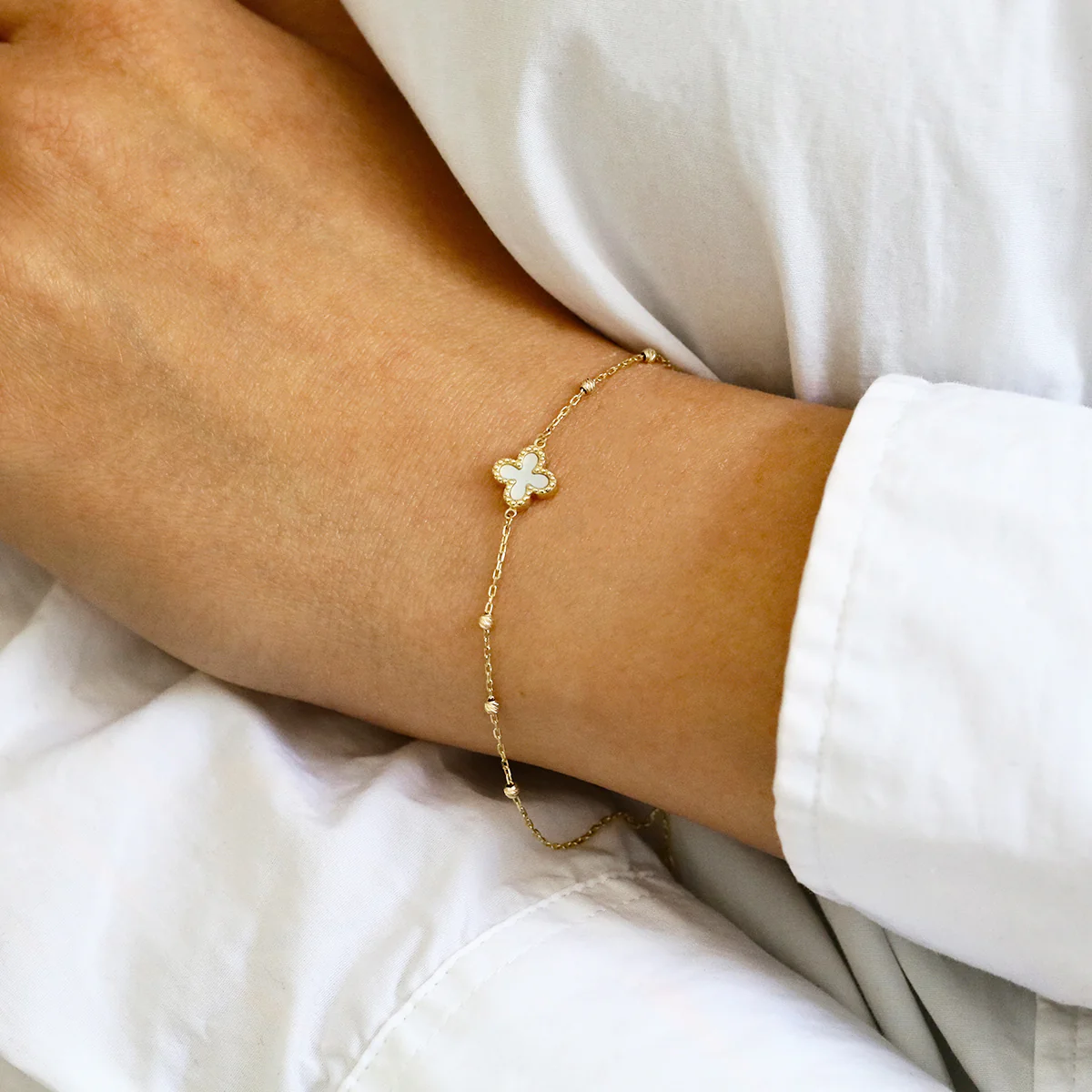 Soleil Collection 7.5"  Mother of Pearl Petal and Bead Bracelet | 9K Yellow Gold - Image 4