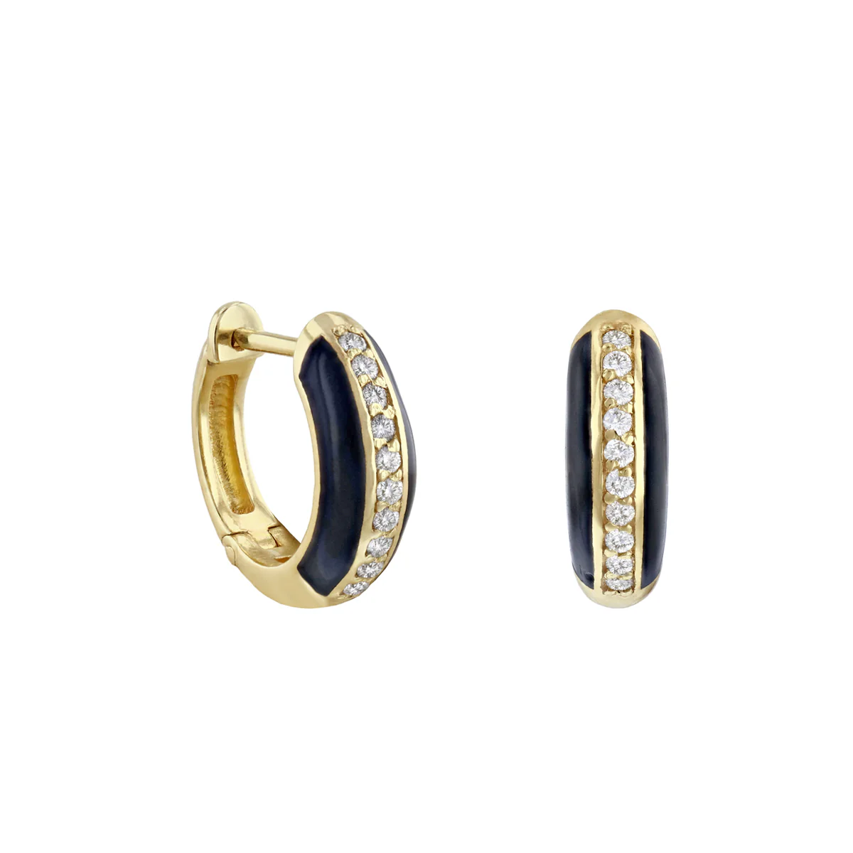Soleil Collection Black Enamel and Diamond Huggy Earrings | 9K Solid Yellow Gold