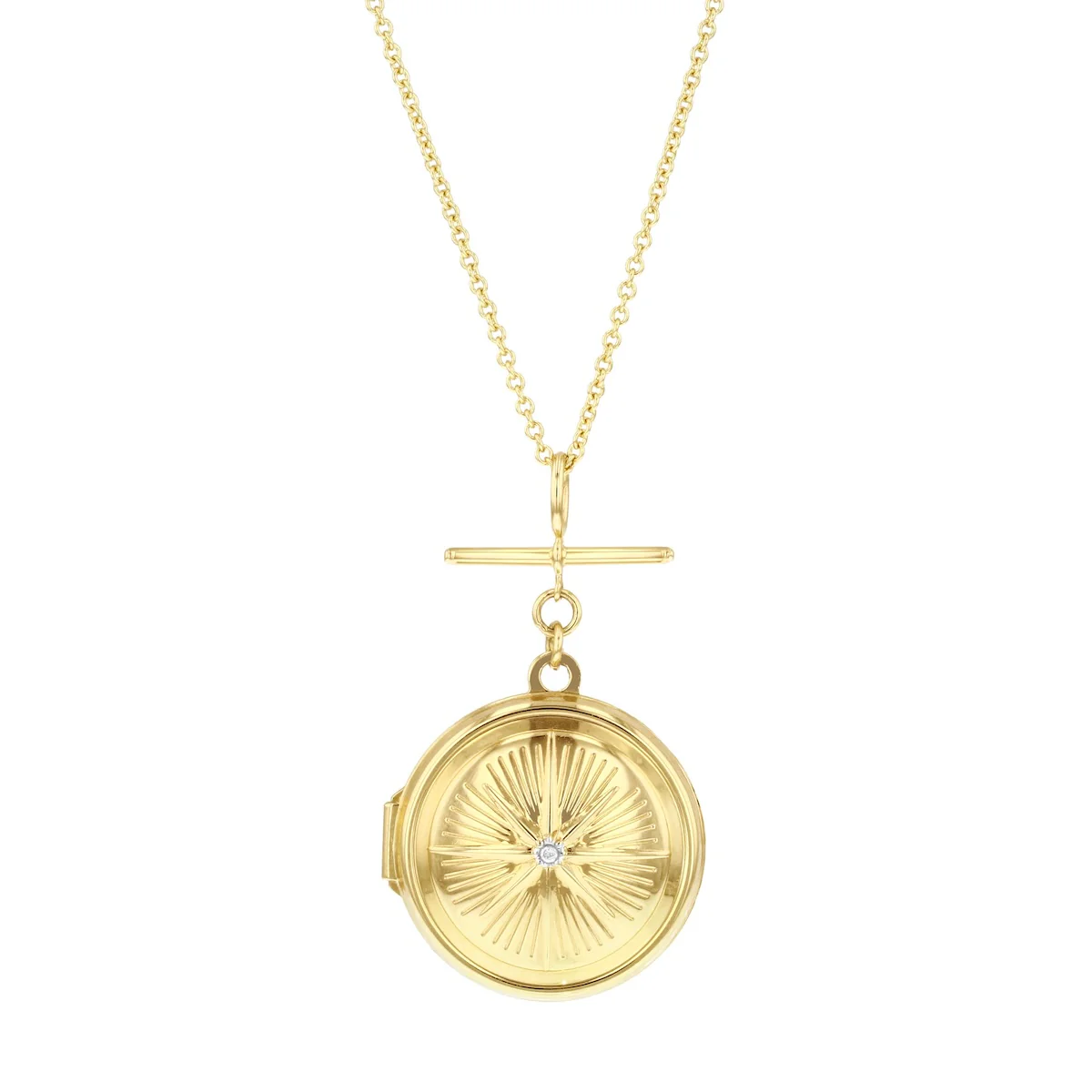 Soleil Collection Compass Design Locket with T-Bar Necklace | 9K Yellow Gold