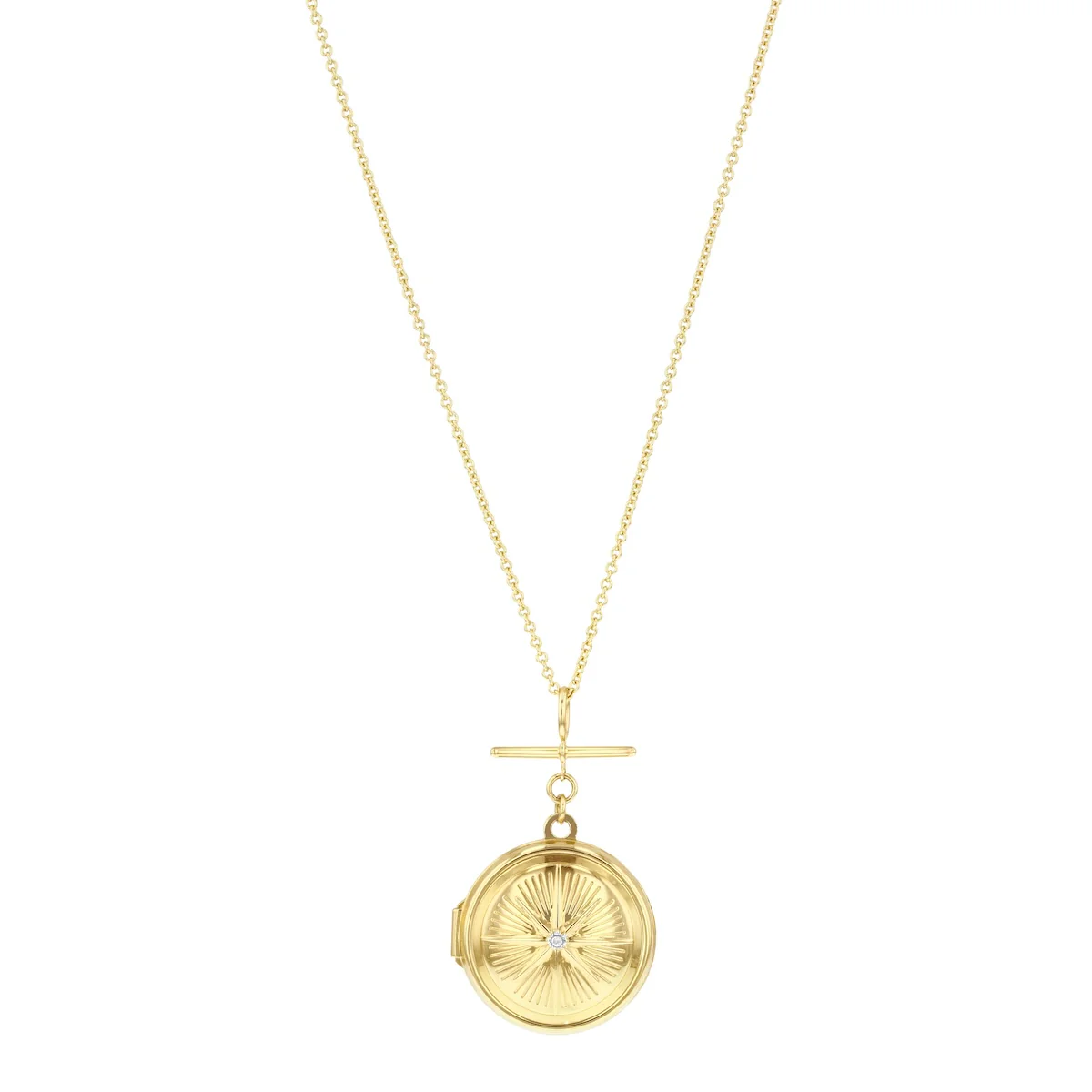 Soleil Collection Compass Design Locket with T-Bar Necklace | 9K Yellow Gold - Image 2