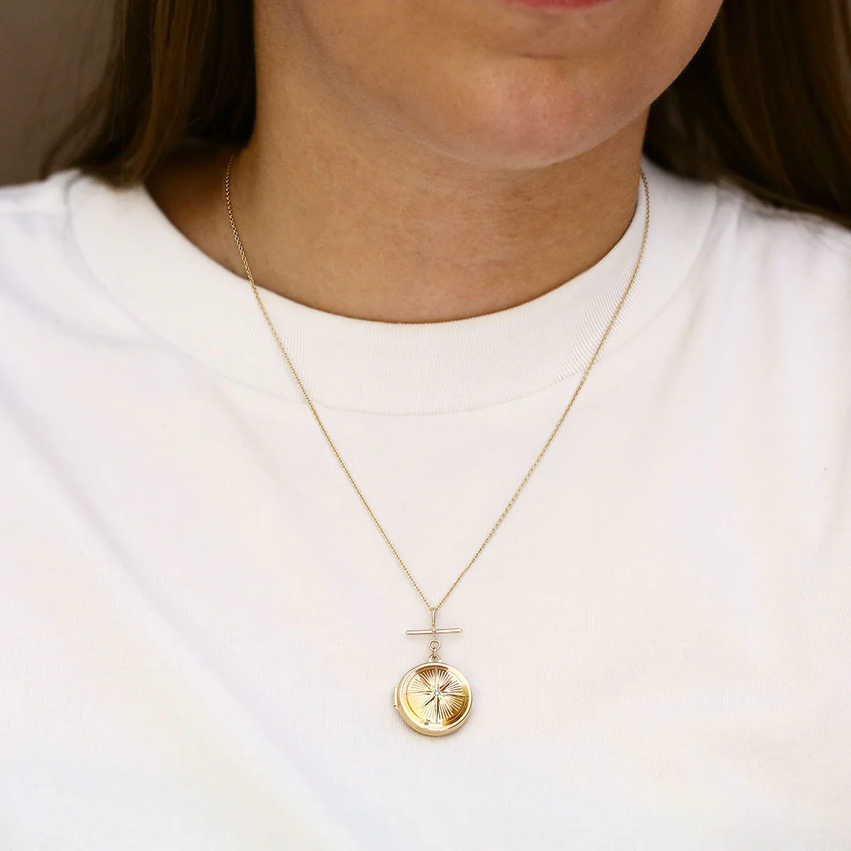 Soleil Collection Compass Design Locket with T-Bar Necklace | 9K Yellow Gold - Image 5