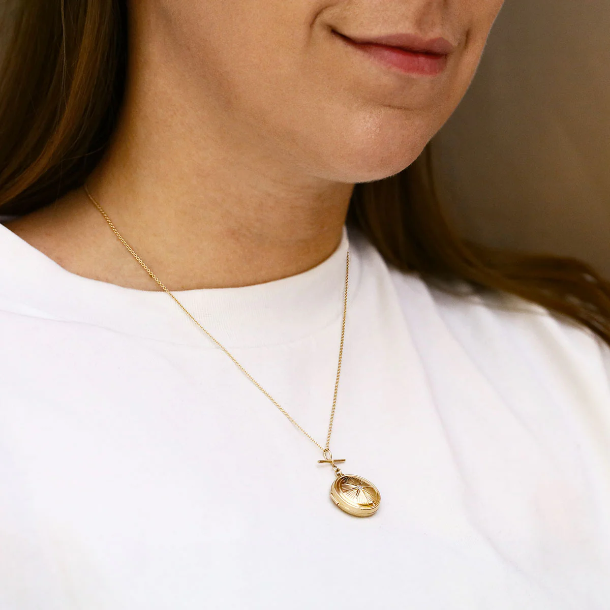 Soleil Collection Compass Design Locket with T-Bar Necklace | 9K Yellow Gold - Image 6