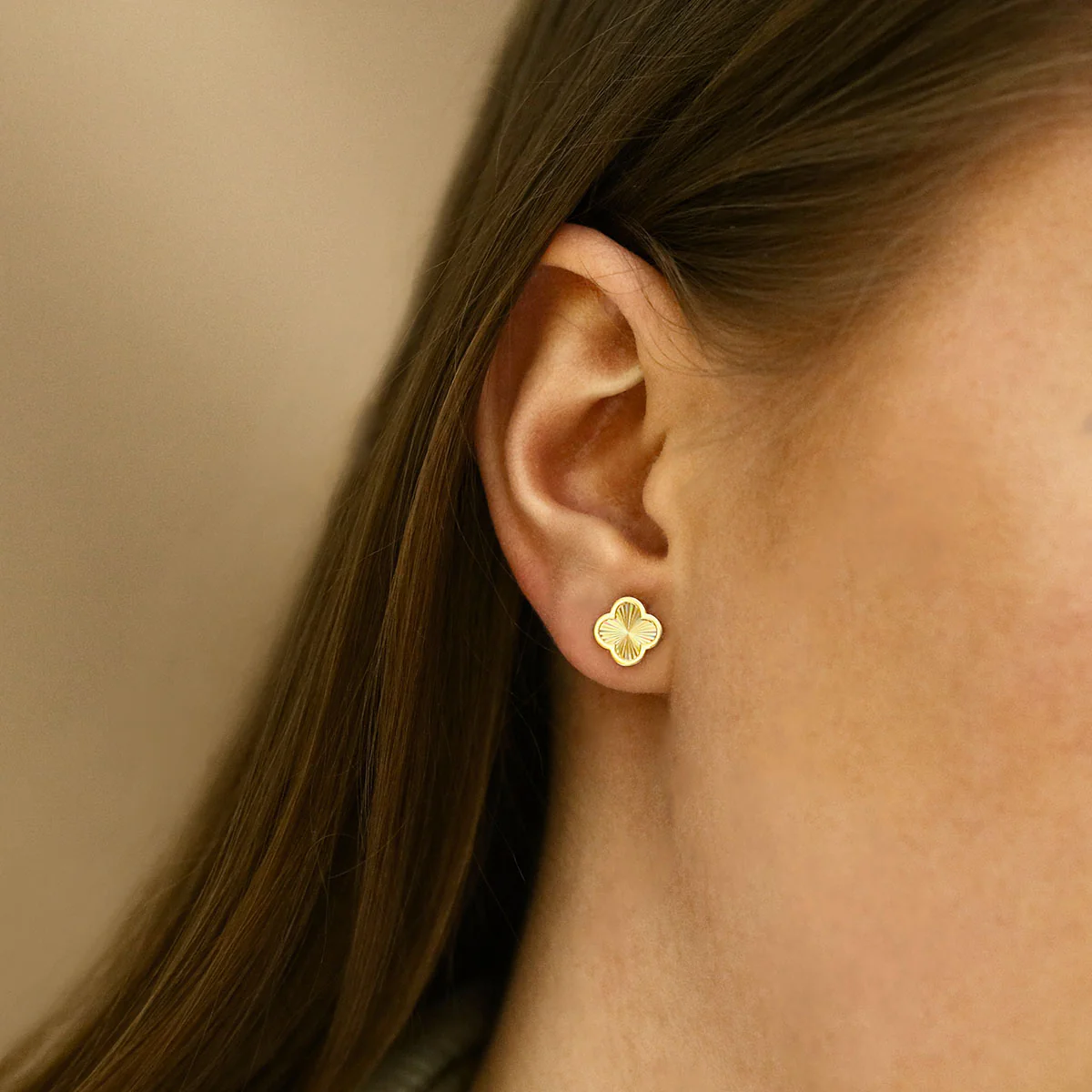 Soleil Collection Diamond Cut Petal Motif Stud Earrings | 9K Yellow Gold - Image 5