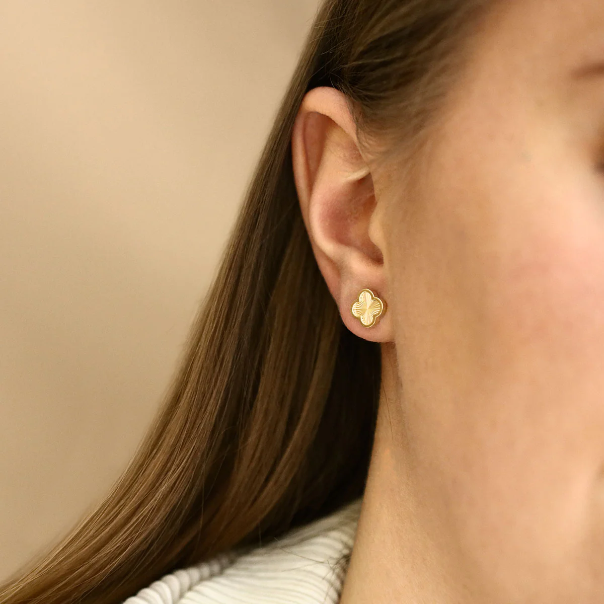 Soleil Collection Diamond Cut Petal Motif Stud Earrings | 9K Yellow Gold - Image 6