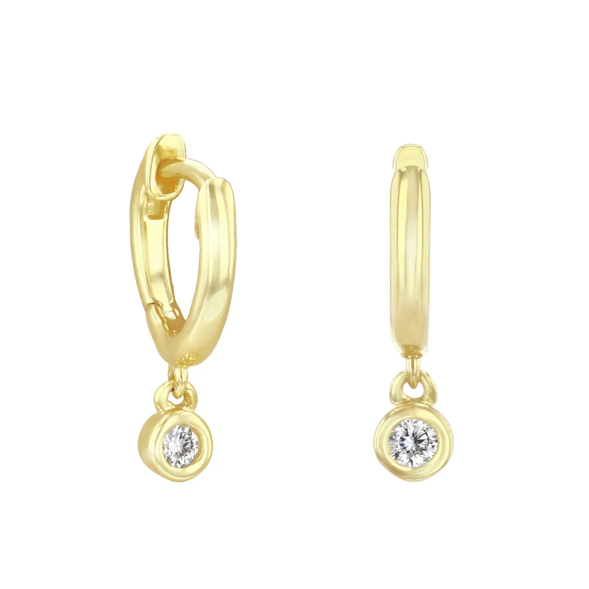 Soleil Collection Diamond Drop Bezel Set Huggie Earrings | 9K Solid Yellow Gold