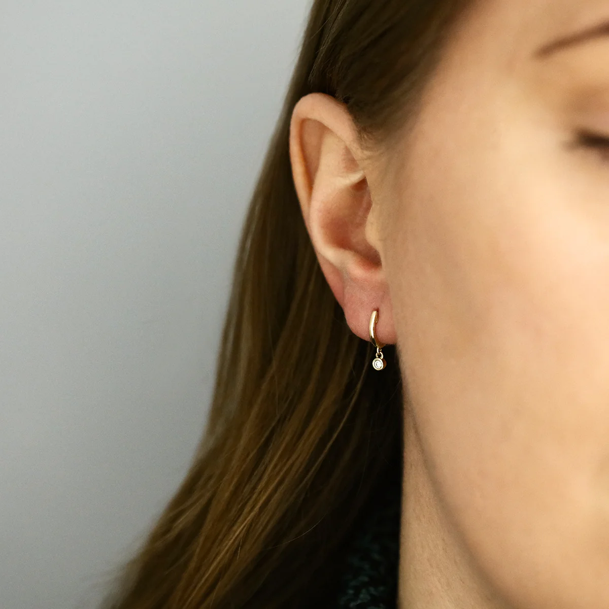 Soleil Collection Diamond Drop Bezel Set Huggie Earrings | 9K Solid Yellow Gold - Image 5