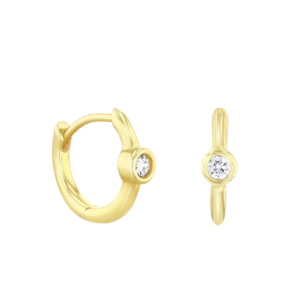 Soleil Collection Diamond Bezel Set Huggie Earrings | 9K Solid Yellow Gold