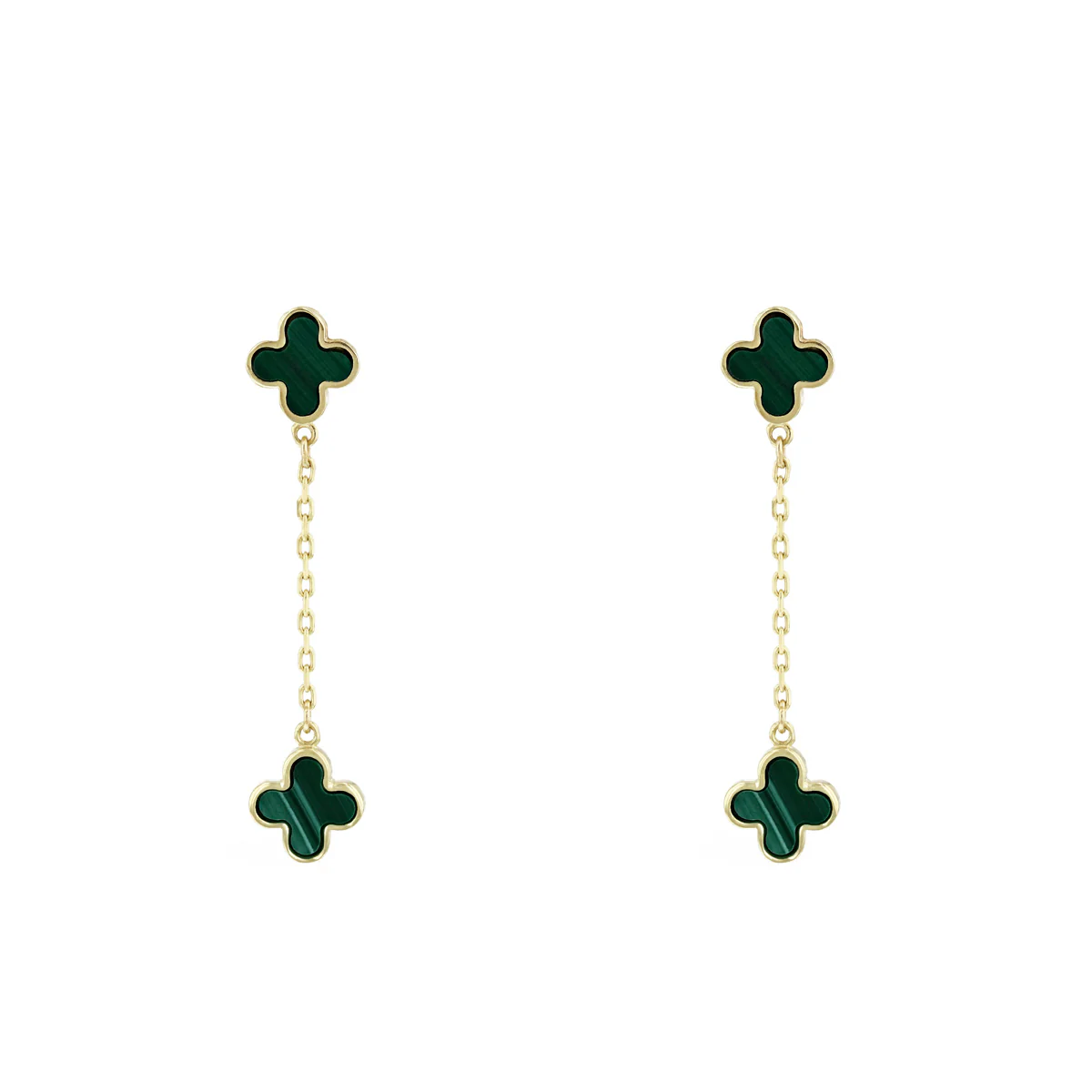 Soleil Collection Malachite Quatrefoil Petal Drop Earrings | 9K Solid Yellow Gold