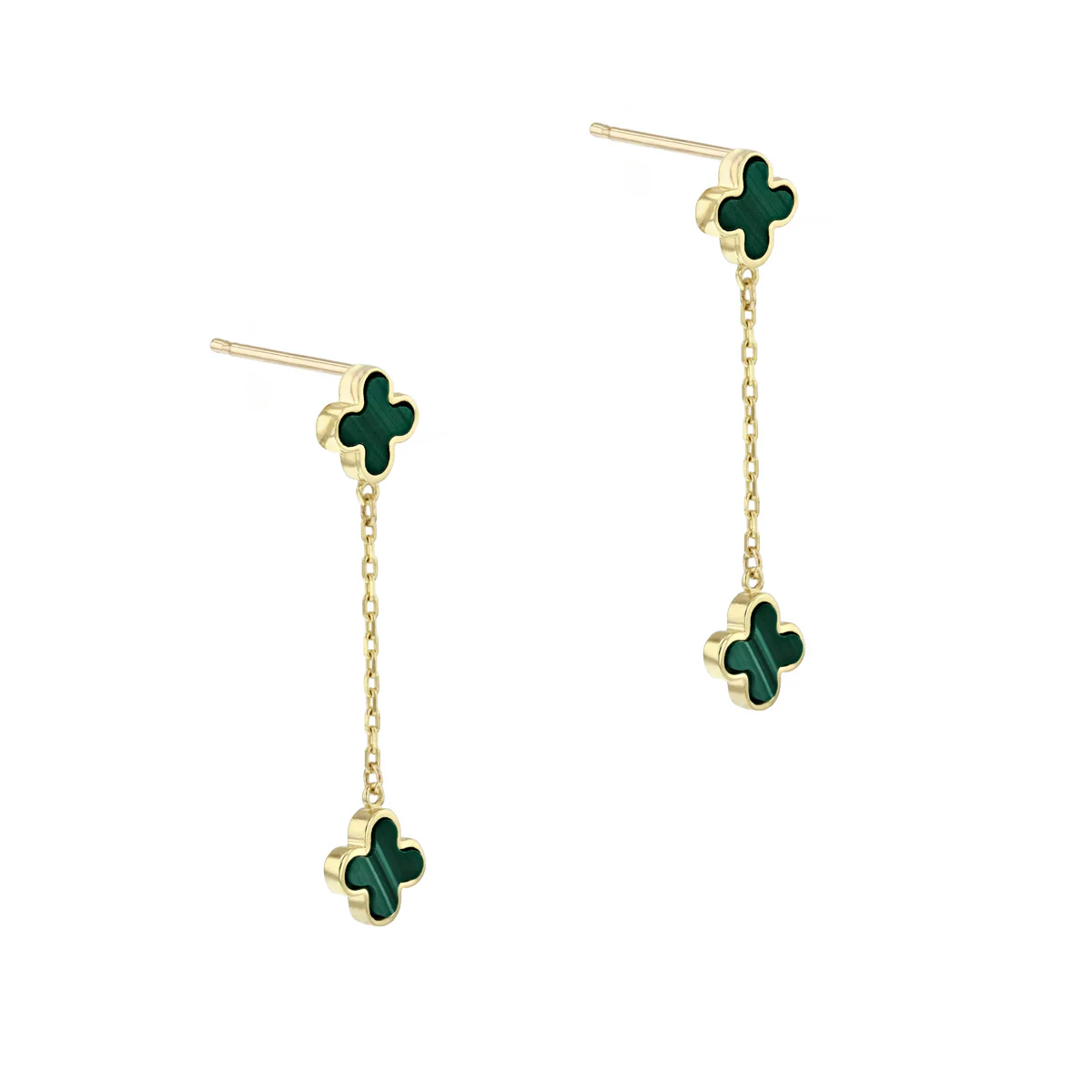 Soleil Collection Malachite Quatrefoil Petal Drop Earrings | 9K Solid Yellow Gold - Image 3