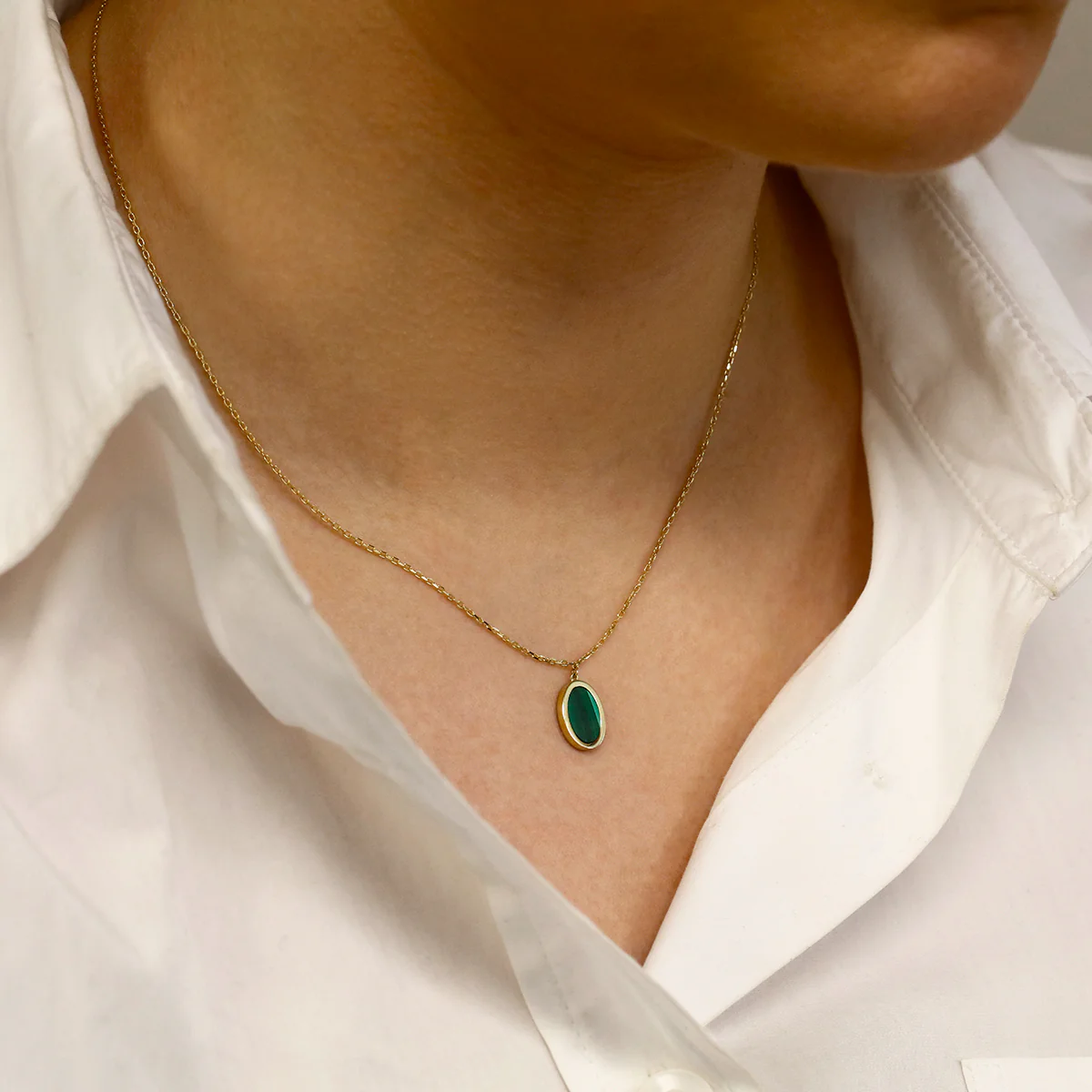 Soleil Collection Oval Malachite Adjustable Necklace 16" -18" | 9K Solid Yellow Gold - Image 5