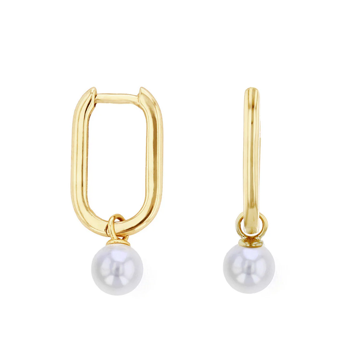 Soleil Collection Rectangular Hoop Earring With Drop Pearl | 9K Solid Yellow Gold - Image 2