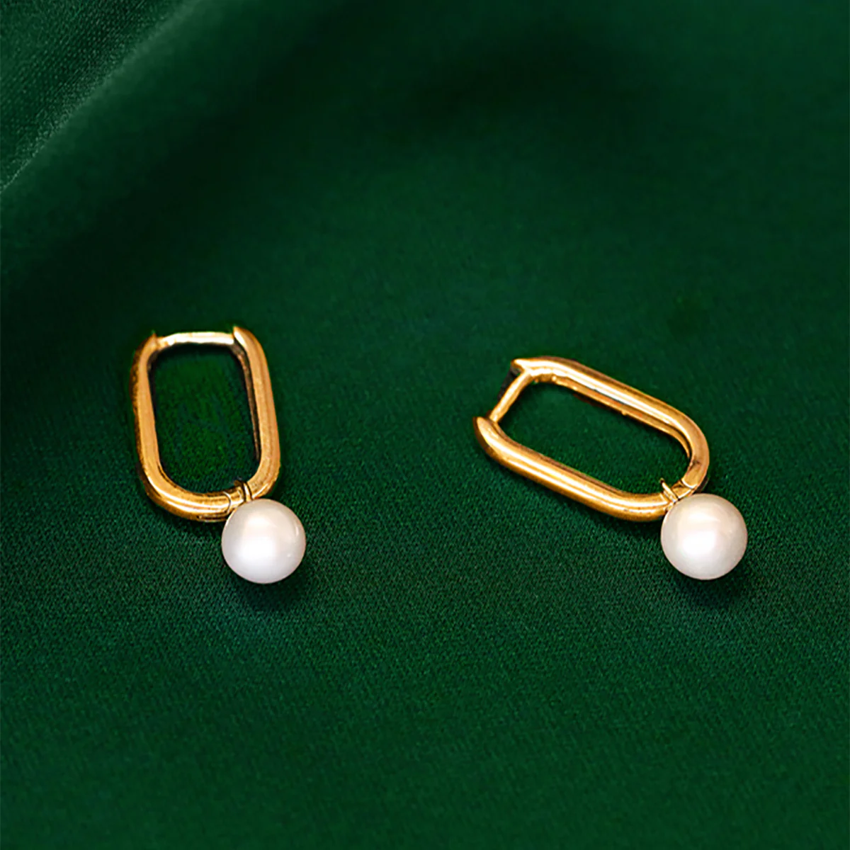 Soleil Collection Rectangular Hoop Earring With Drop Pearl | 9K Solid Yellow Gold - Image 6