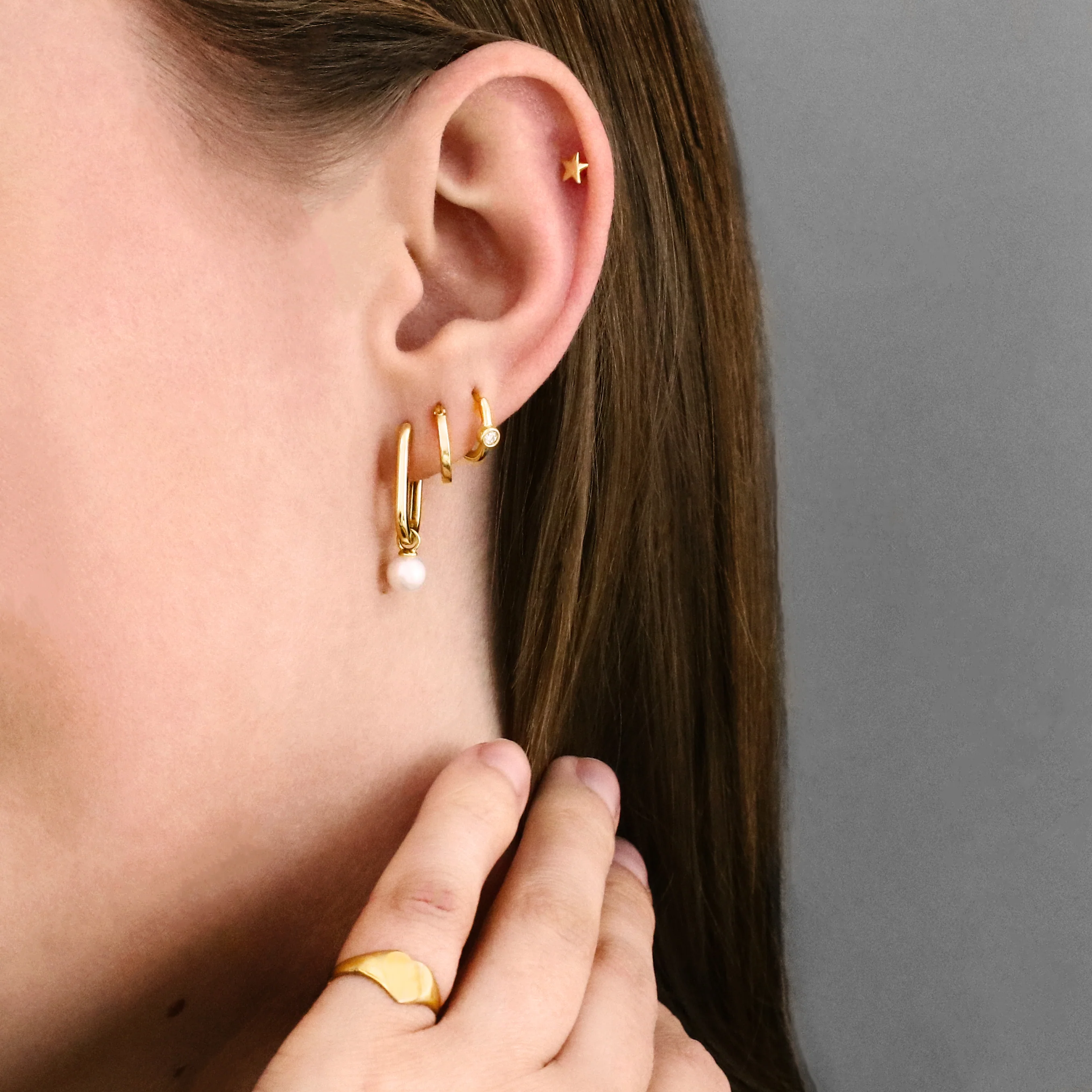 Soleil Collection Rectangular Hoop Earring With Drop Pearl | 9K Solid Yellow Gold - Image 8