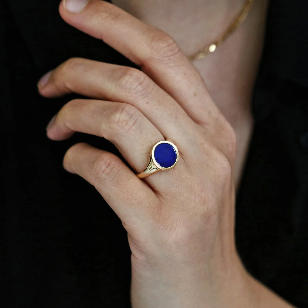 Soleil Collection Round Lapis Signet Ring | 9K Yellow Gold - Image 7