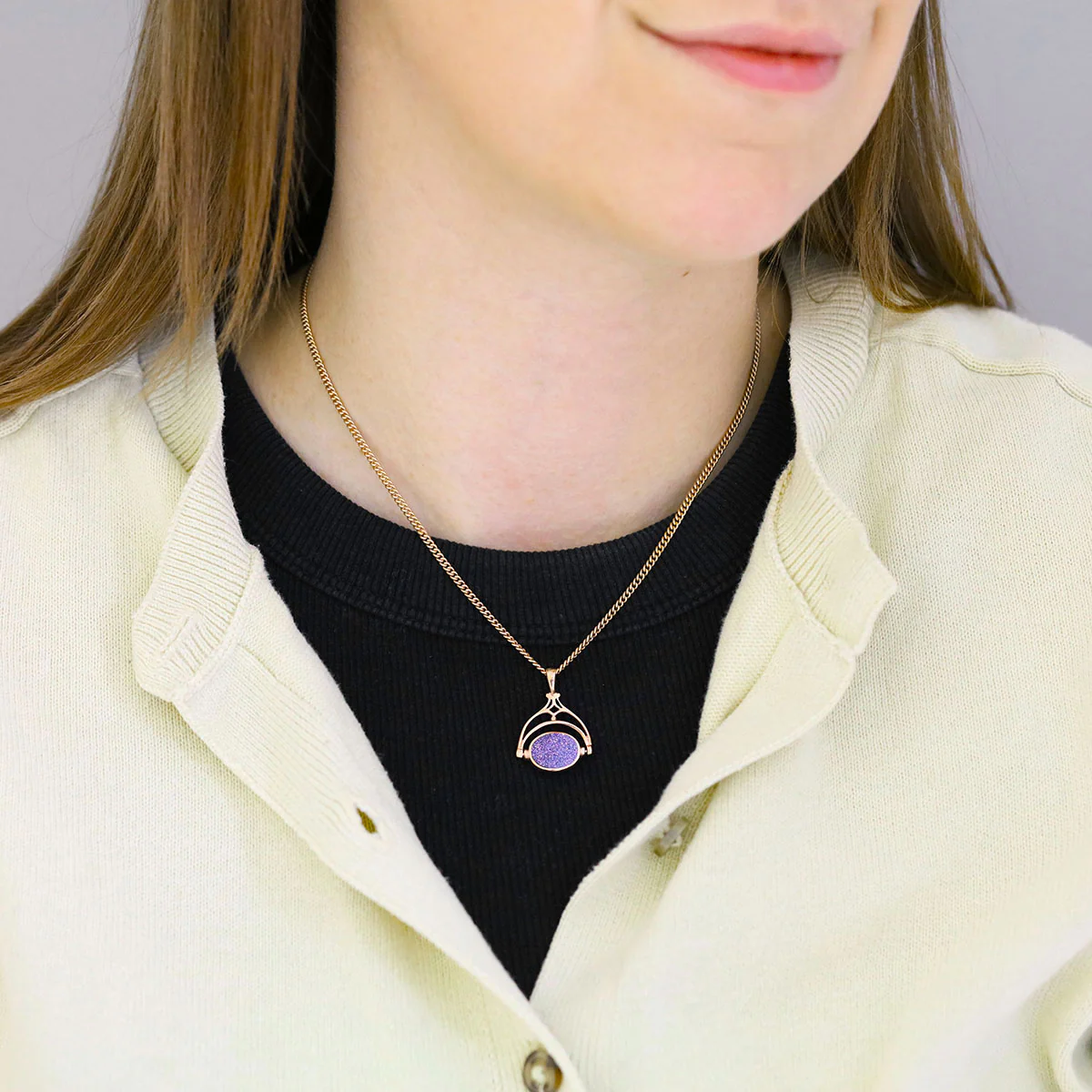 Spinning Gemstone Fob Pendant with Chain | Pre-Loved | 9K Rose Gold - Image 6