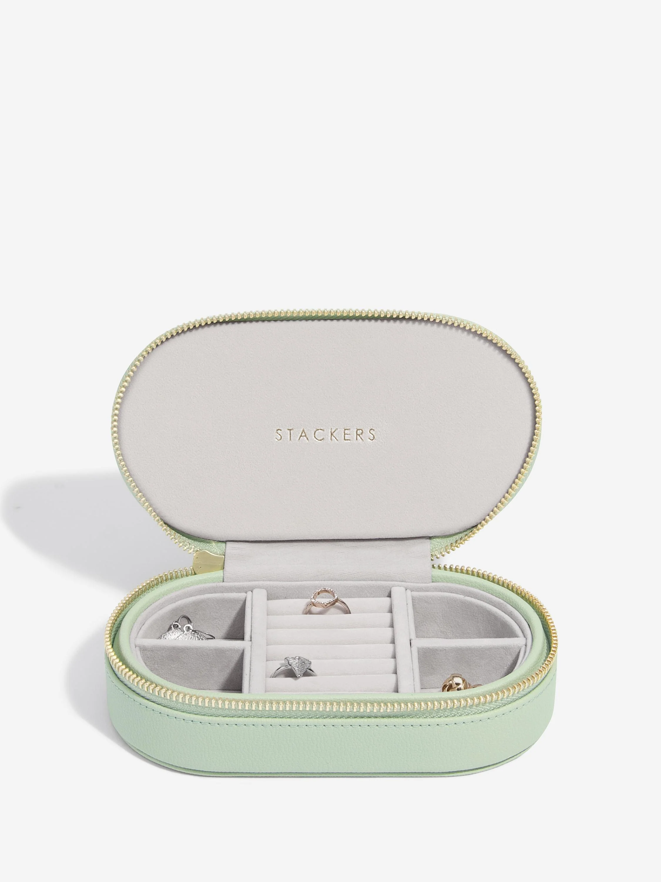 Stackers Sage Green Oval Zipped Travel Jewellery Box
