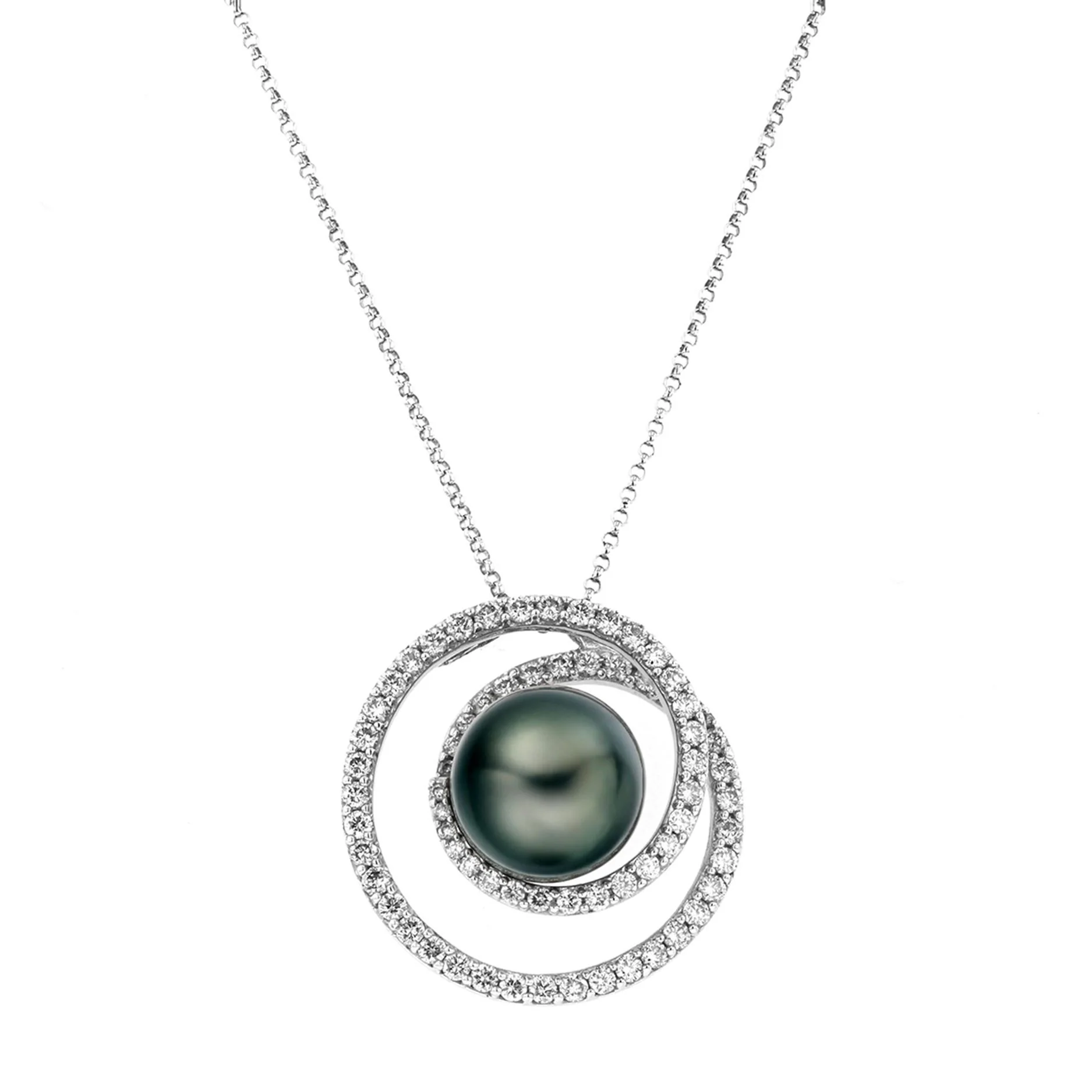 Tahitian Pearl and Diamond Swirl Pendant | 18K White Gold