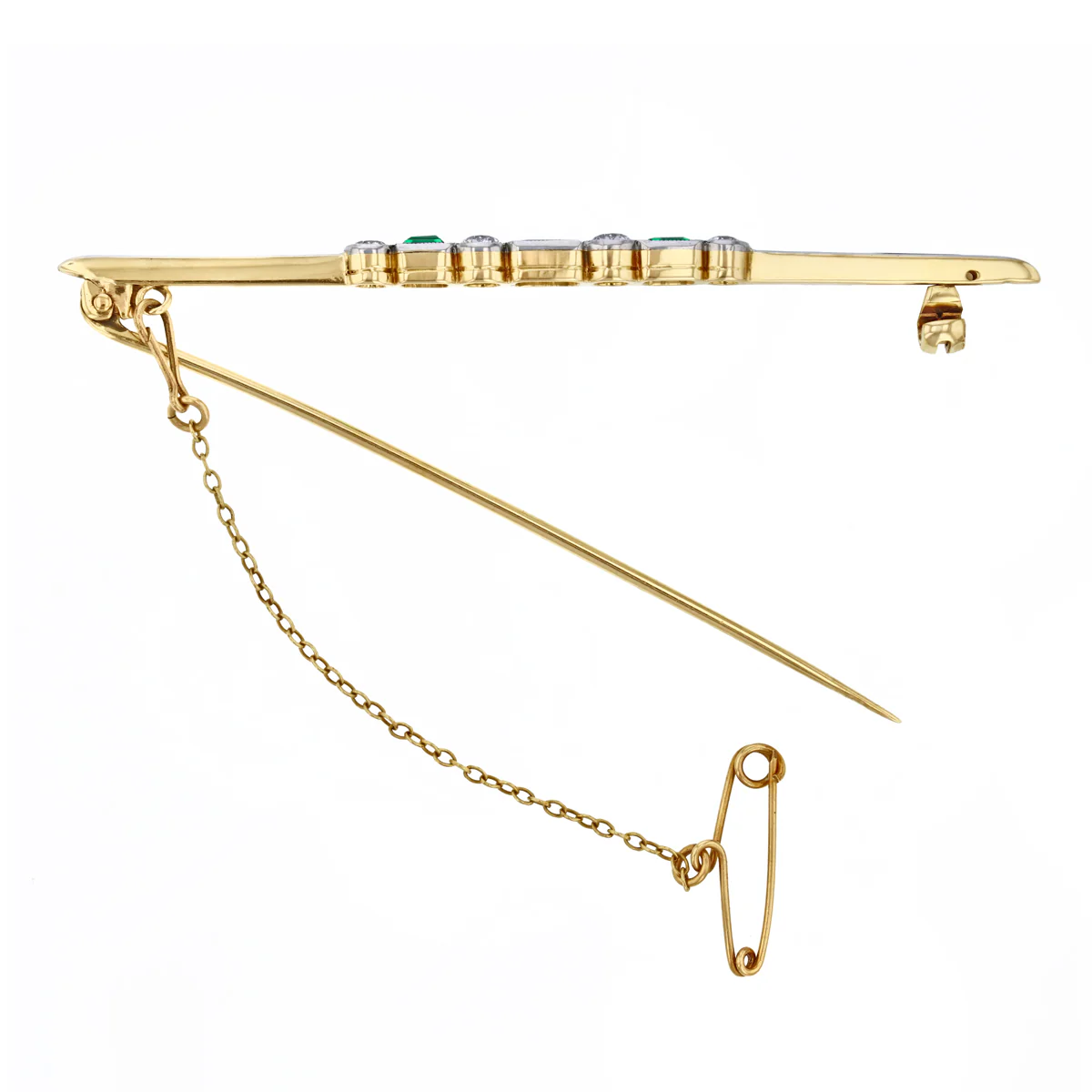 Twentieth Century Synthetic Emerald and Diamond Line Bar Brooch | Pre-Loved | 15K Yellow Gold and Platinum - Image 3