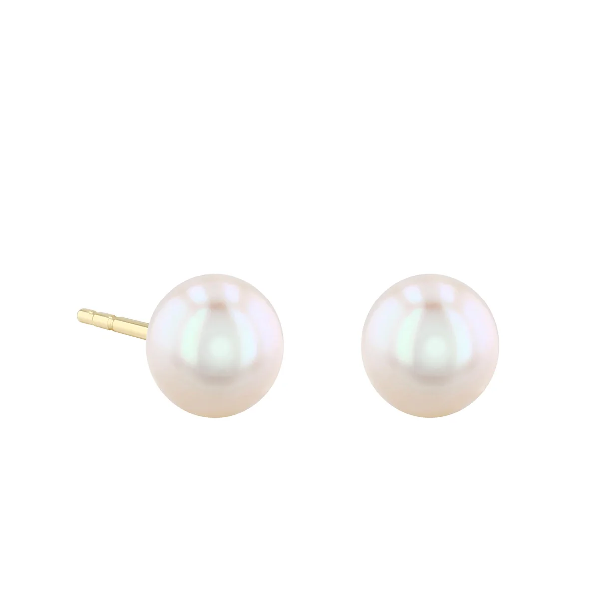 Pearlessence Collection White Round Cultured River Pearl Stud Earrings | 9K Yellow Gold - Image 2